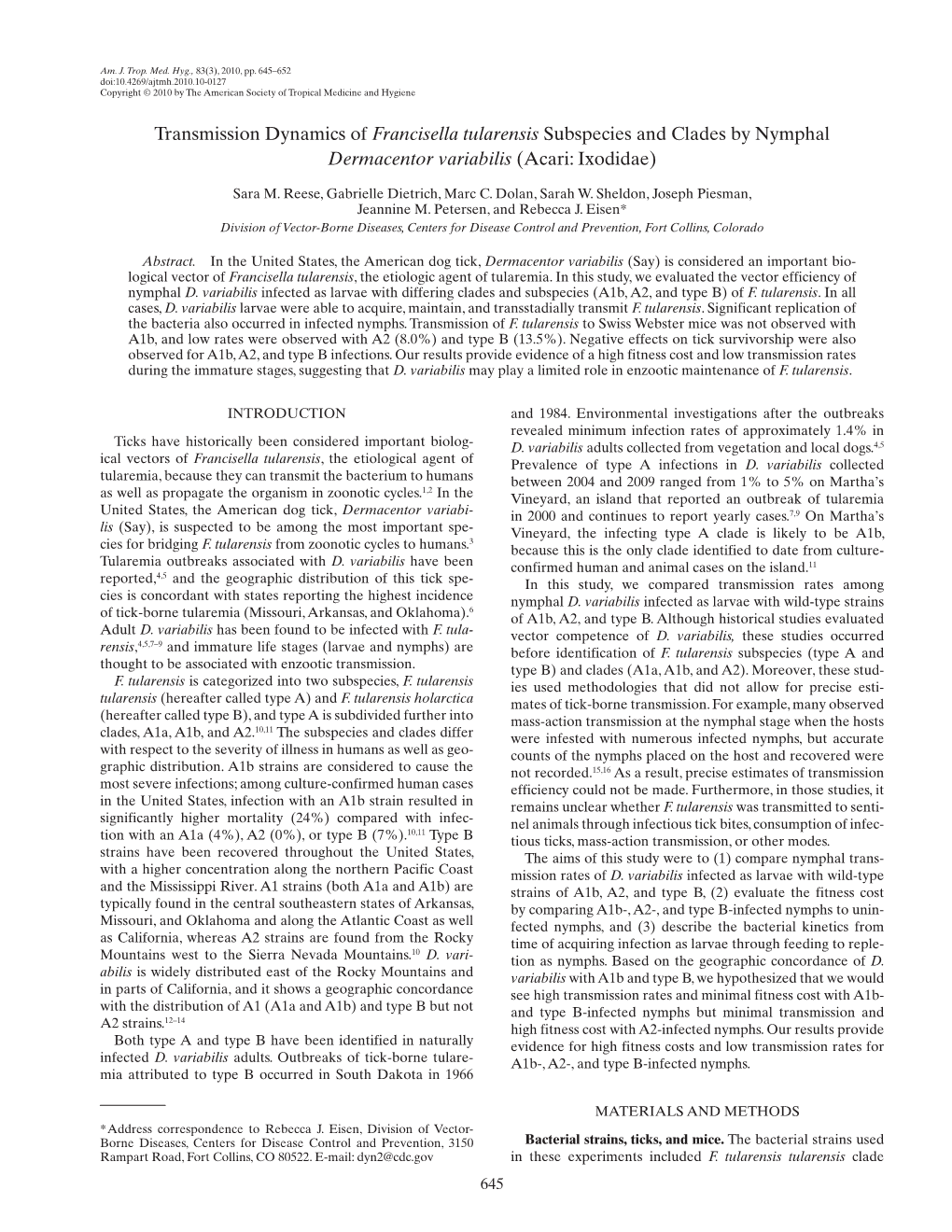 Transmission Dynamics of Francisella Tularensis Subspecies and Clades by Nymphal Dermacentor Variabilis (Acari: Ixodidae)