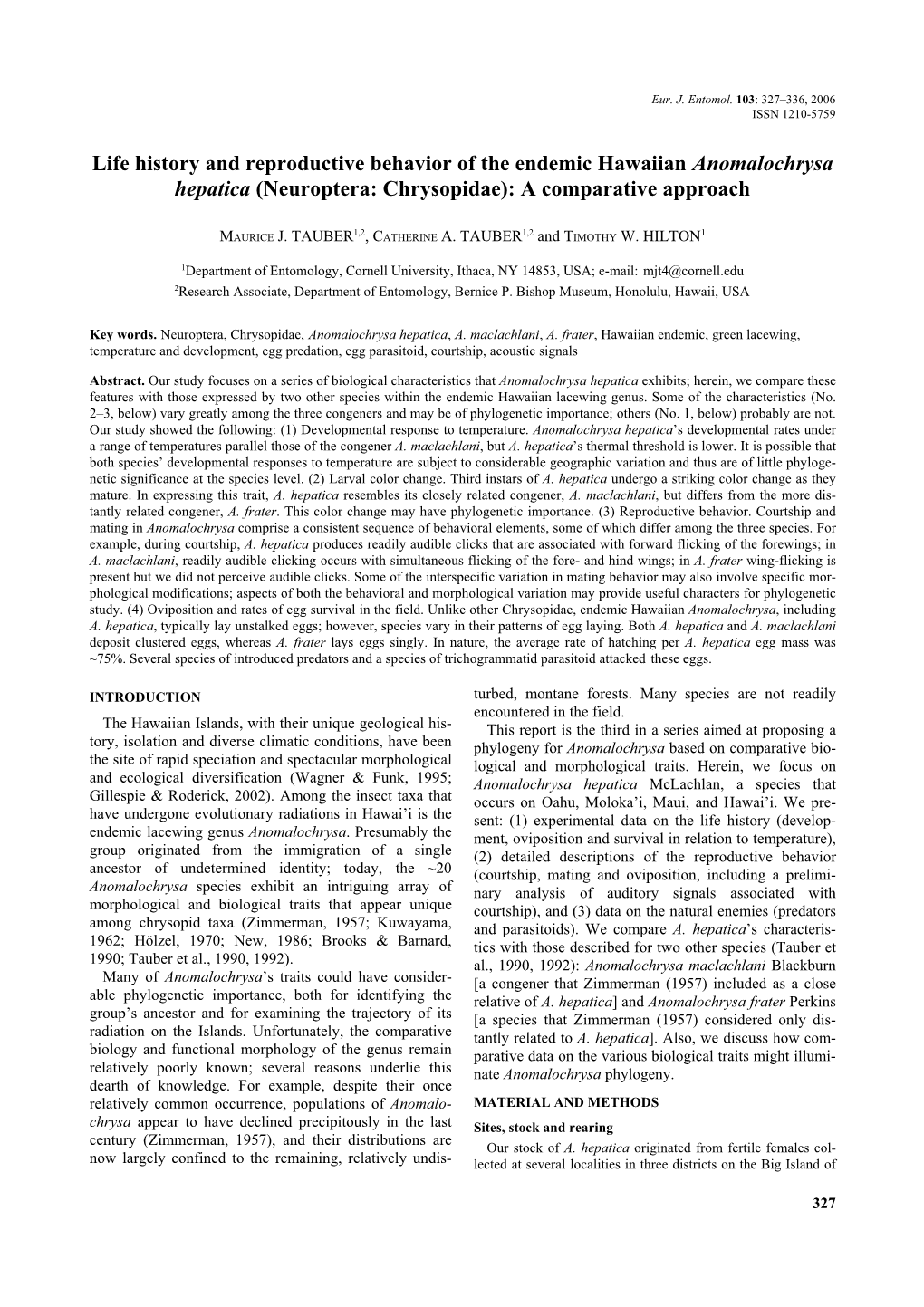 Neuroptera: Chrysopidae): a Comparative Approach