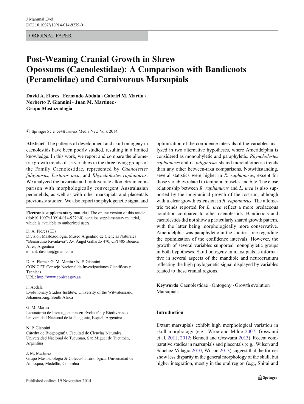 Post-Weaning Cranial Growth in Shrew Opossums (Caenolestidae): a Comparison with Bandicoots (Peramelidae) and Carnivorous Marsupials