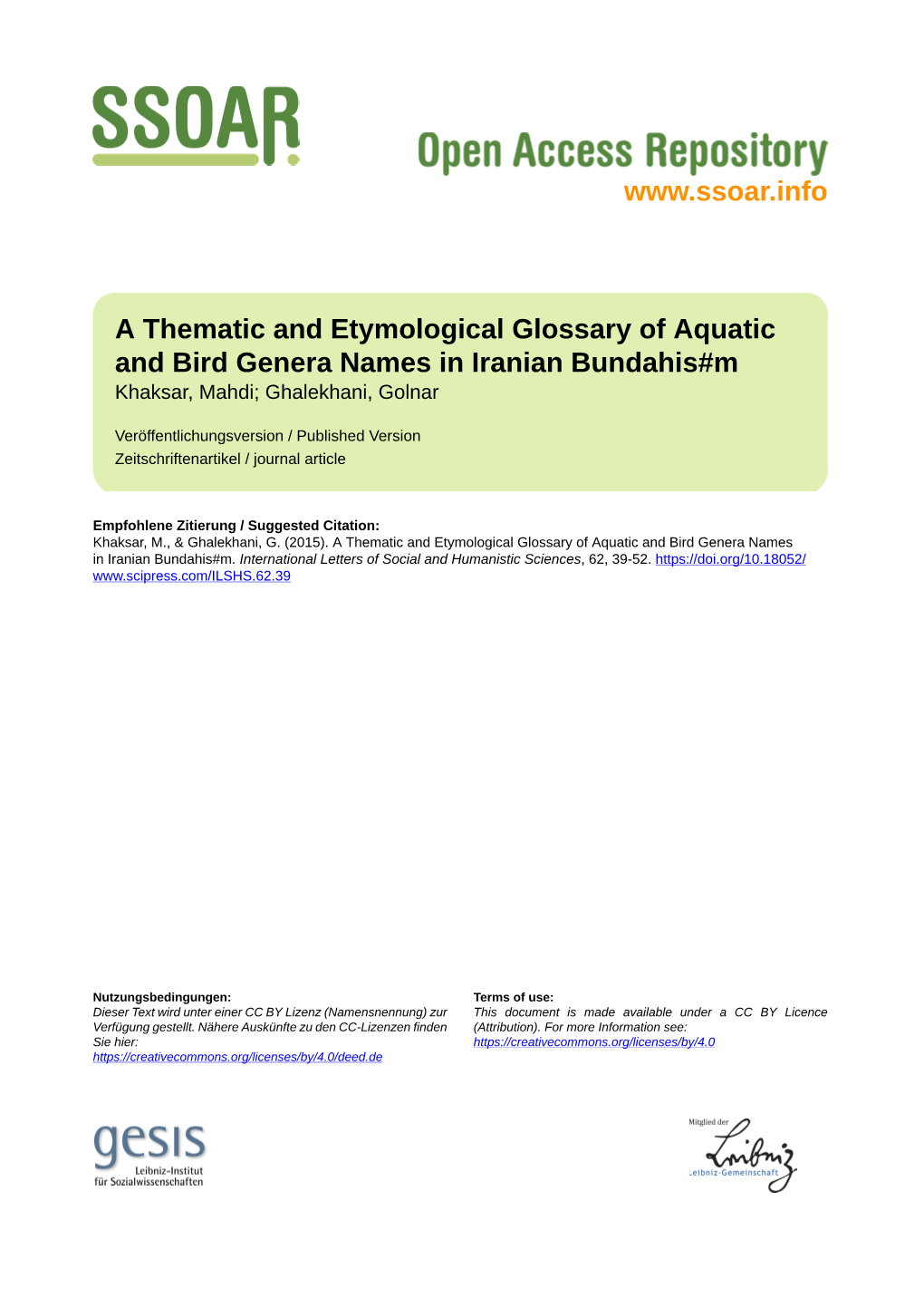 A Thematic and Etymological Glossary of Aquatic and Bird Genera Names in Iranian Bundahis#M Khaksar, Mahdi; Ghalekhani, Golnar