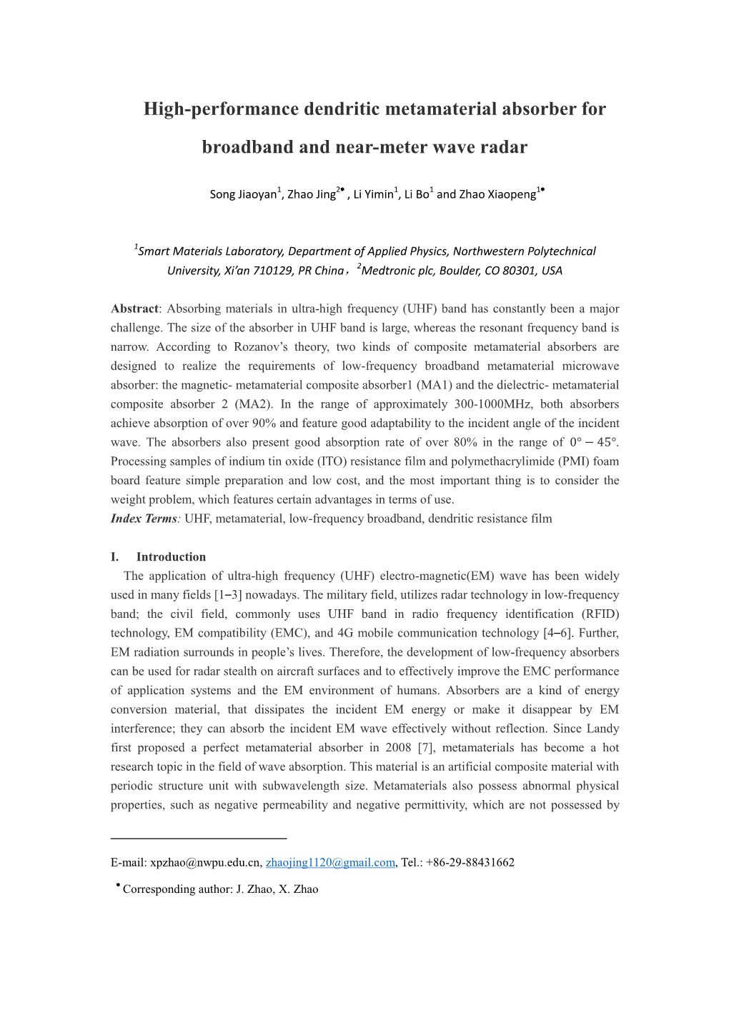 High-Performance Dendritic Metamaterial Absorber for Broadband and Near-Meter Wave Radar