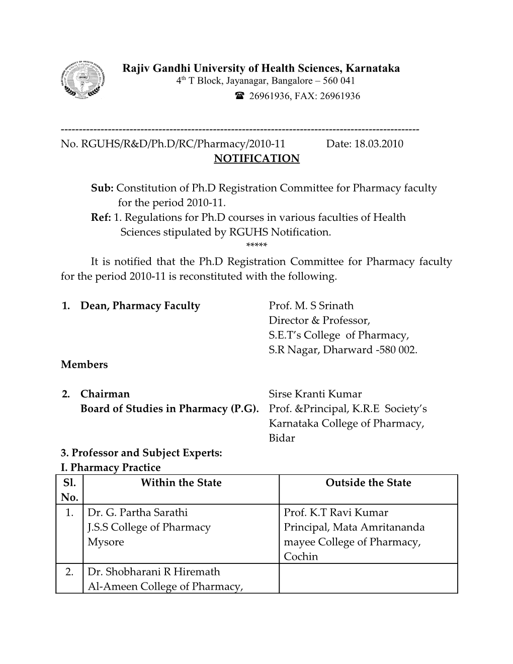 Sub: Constitution of Ph.D Registration Committee for Pharmacy Faculty