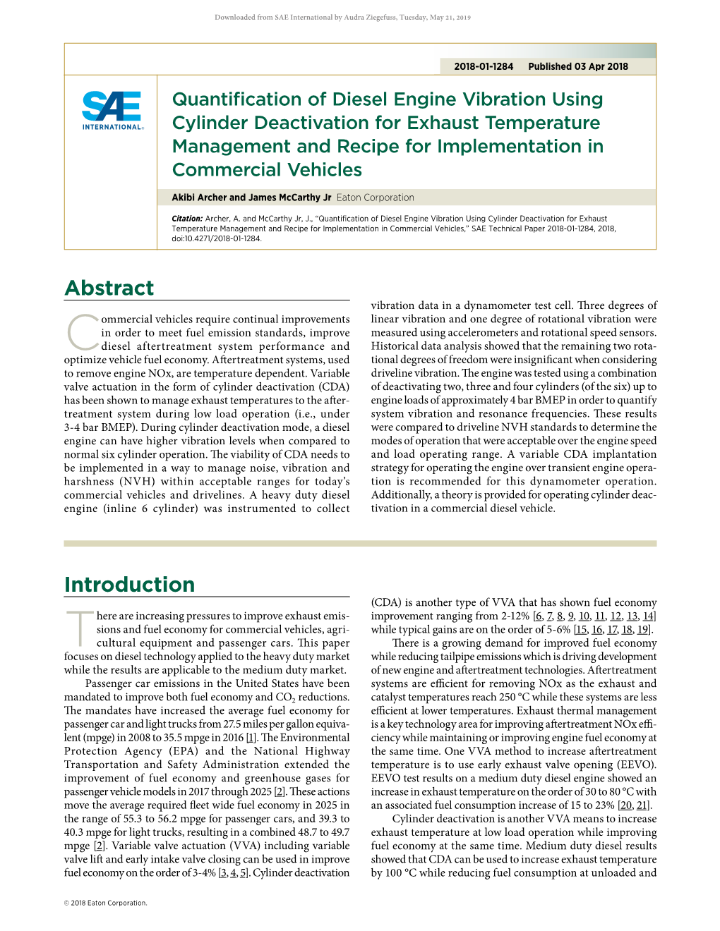 Quantification of Diesel Engine Vibration Using Cylinder Deactivation for Exhaust Temperature Management and Recipe for Implementation in Commercial Vehicles