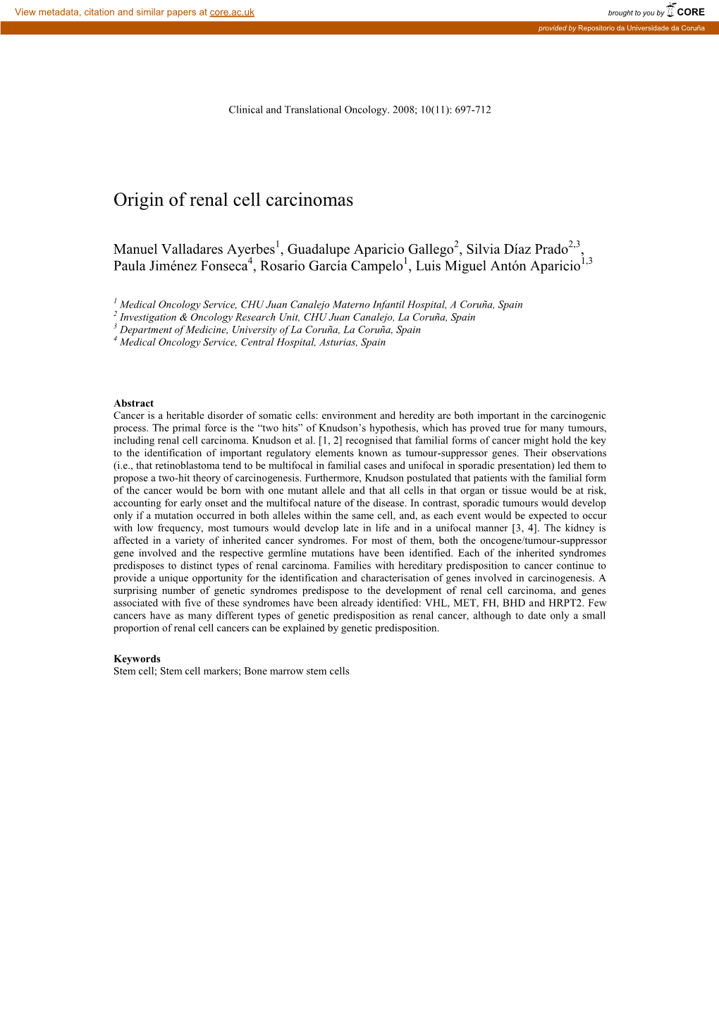 Origin of Renal Cell Carcinomas