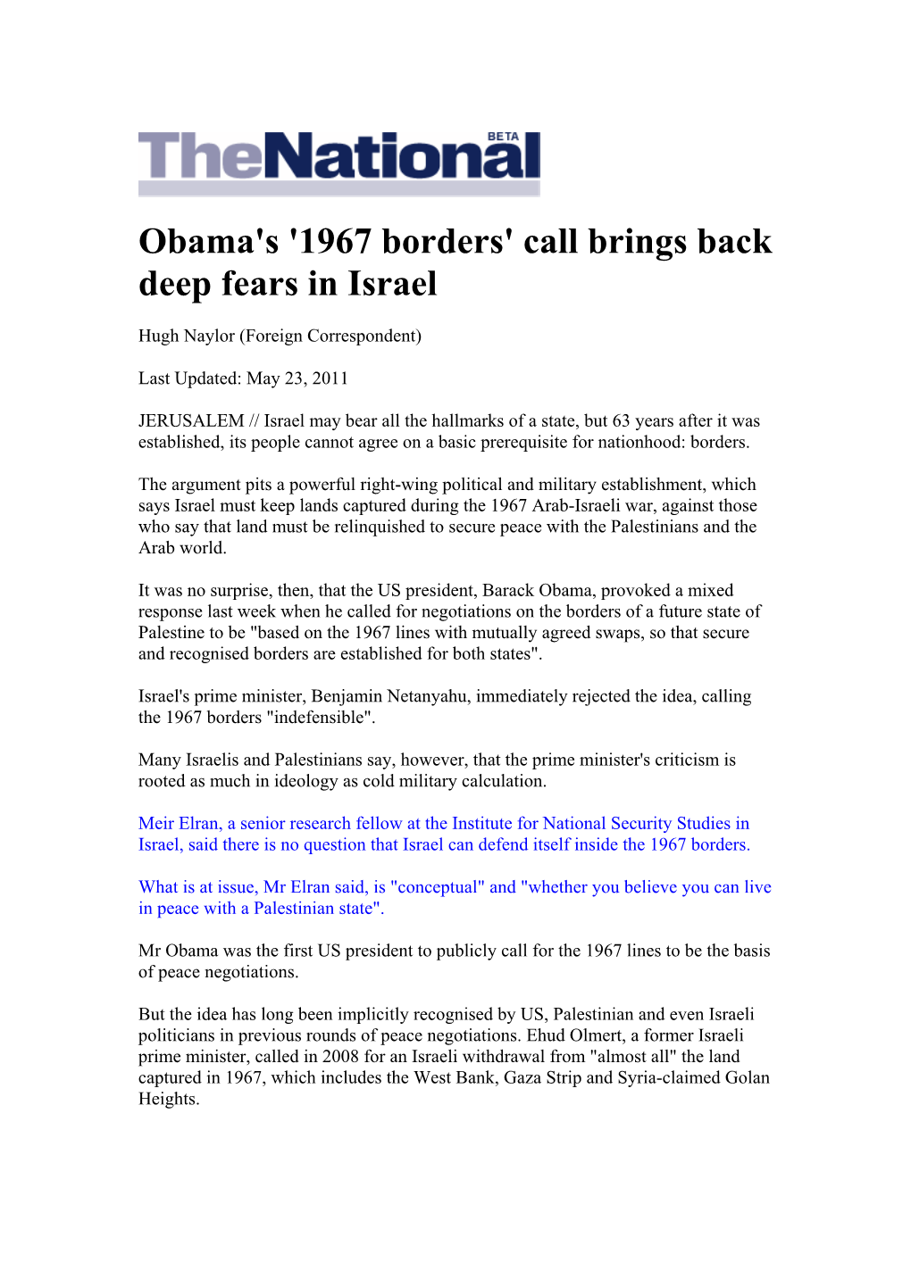 Obama's '1967 Borders' Call Brings Back Deep Fears in Israel