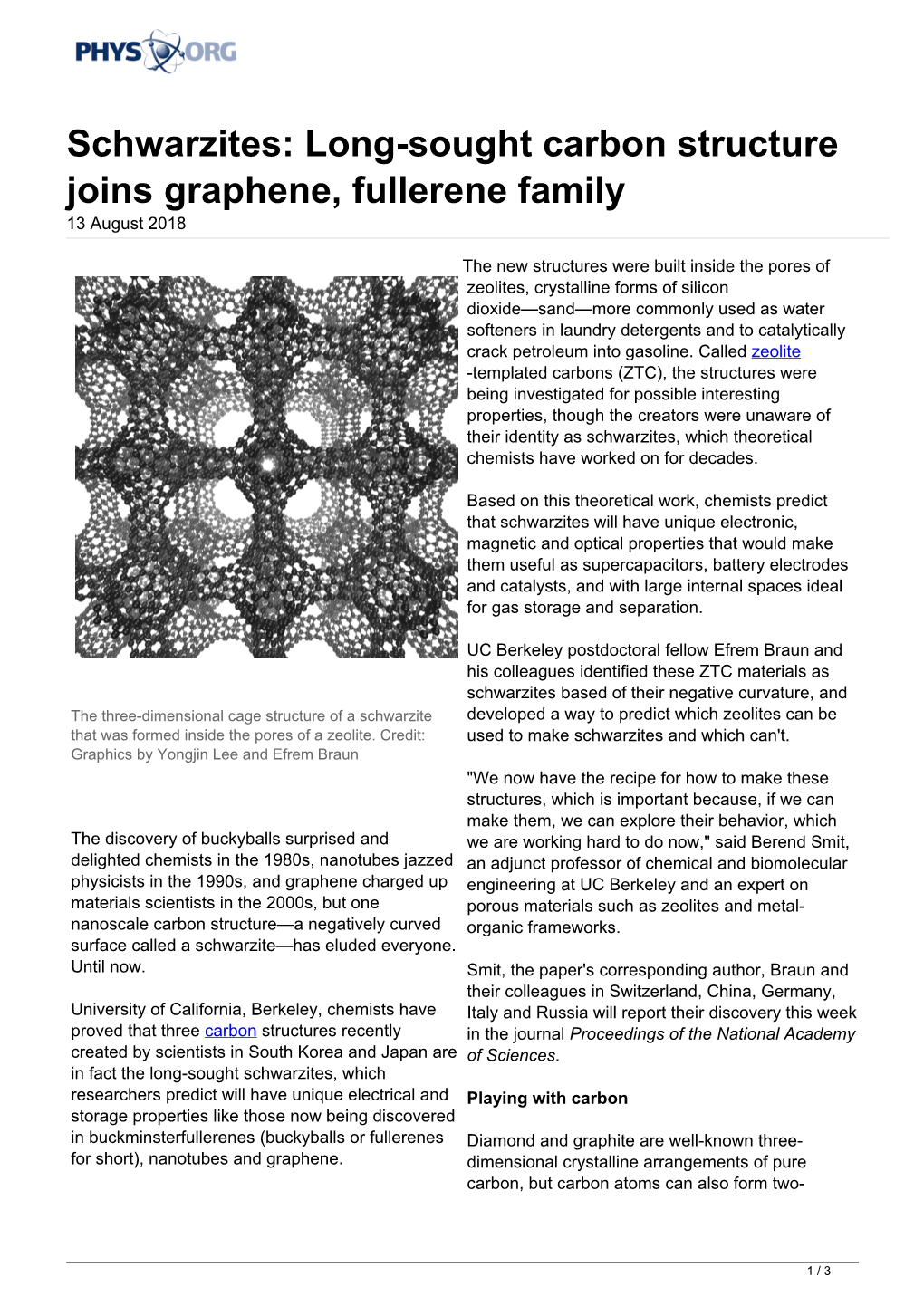 Long-Sought Carbon Structure Joins Graphene, Fullerene Family 13 August 2018