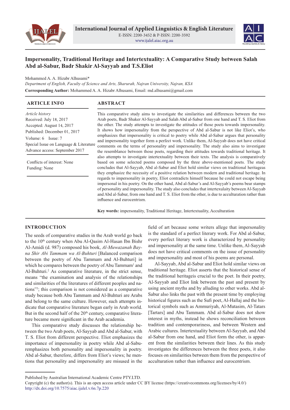 A Comparative Study Between Salah Abd Al-Sabur, Badr Shakir Al-Sayyab and T.S.Eliot