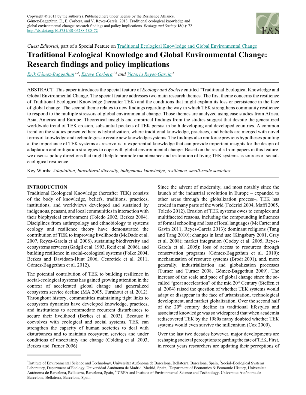 Traditional Ecological Knowledge and Global Environmental Change: Research Findings and Policy Implications