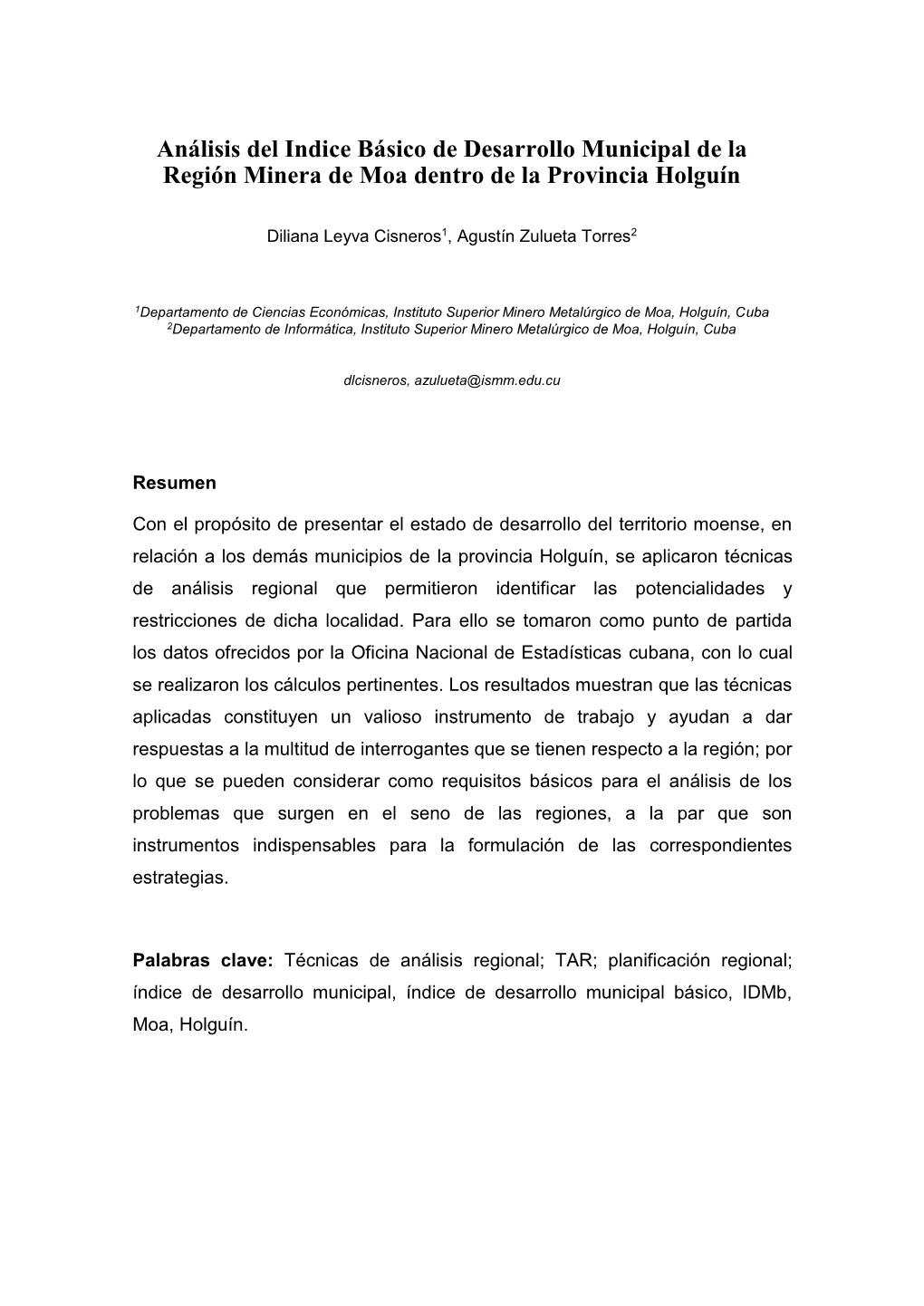 Análisis Del Indice Básico De Desarrollo Municipal De La Región Minera De Moa Dentro De La Provincia Holguín