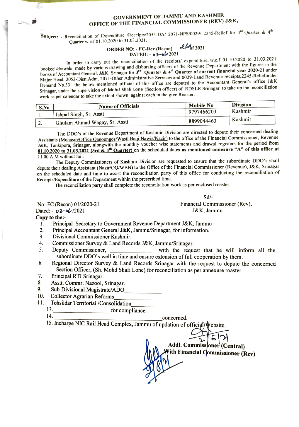 Reconciliation of Expenditure / Receipts of 3Rd & 4Th Quarter W.E.F 01.10.2020 to 31.03.2021 Kashmir