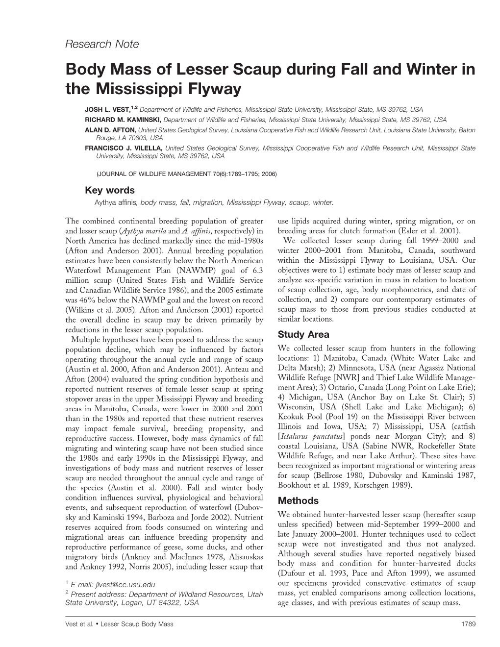 Body Mass of Lesser Scaup During Fall and Winter in the Mississippi Flyway