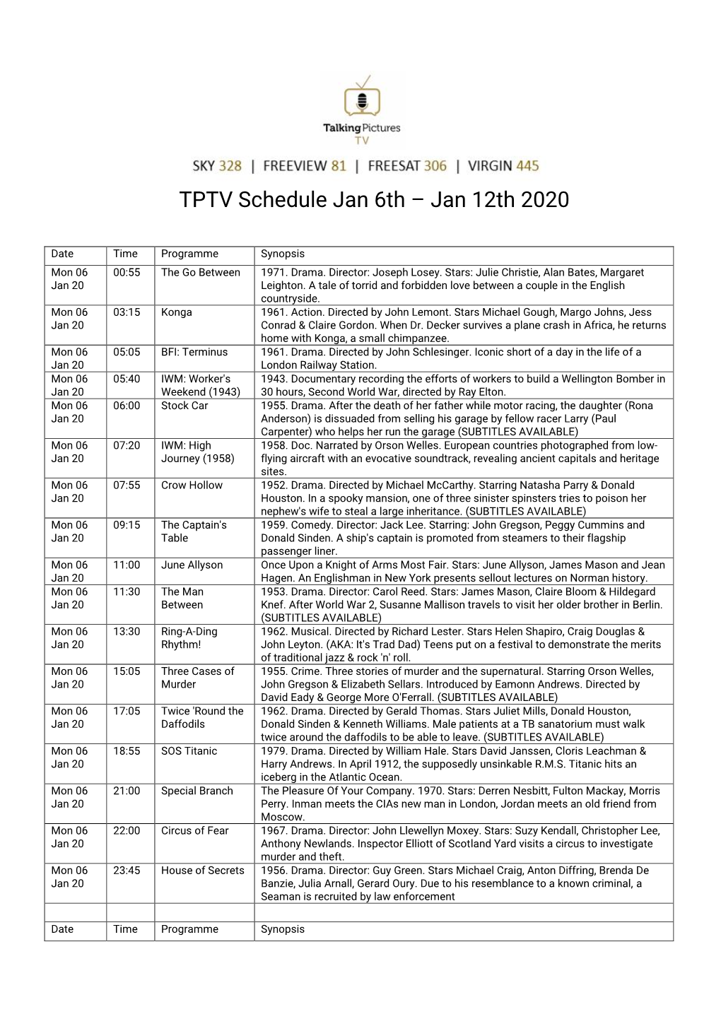 TPTV Schedule Jan 6Th – Jan 12Th 2020