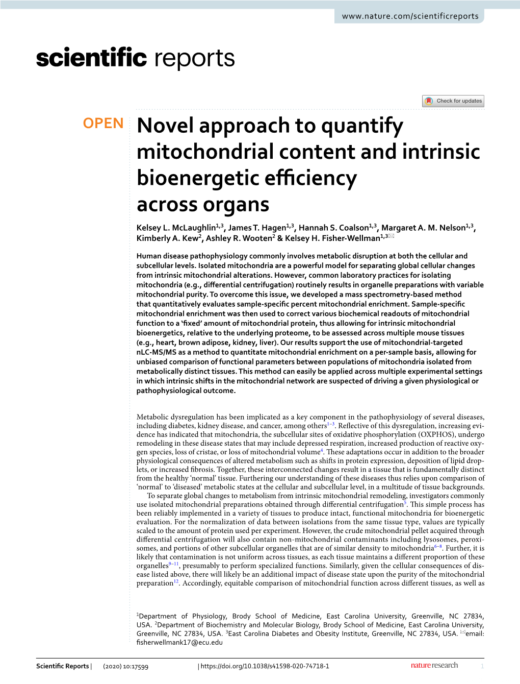 Novel Approach to Quantify Mitochondrial Content and Intrinsic Bioenergetic Efciency Across Organs Kelsey L
