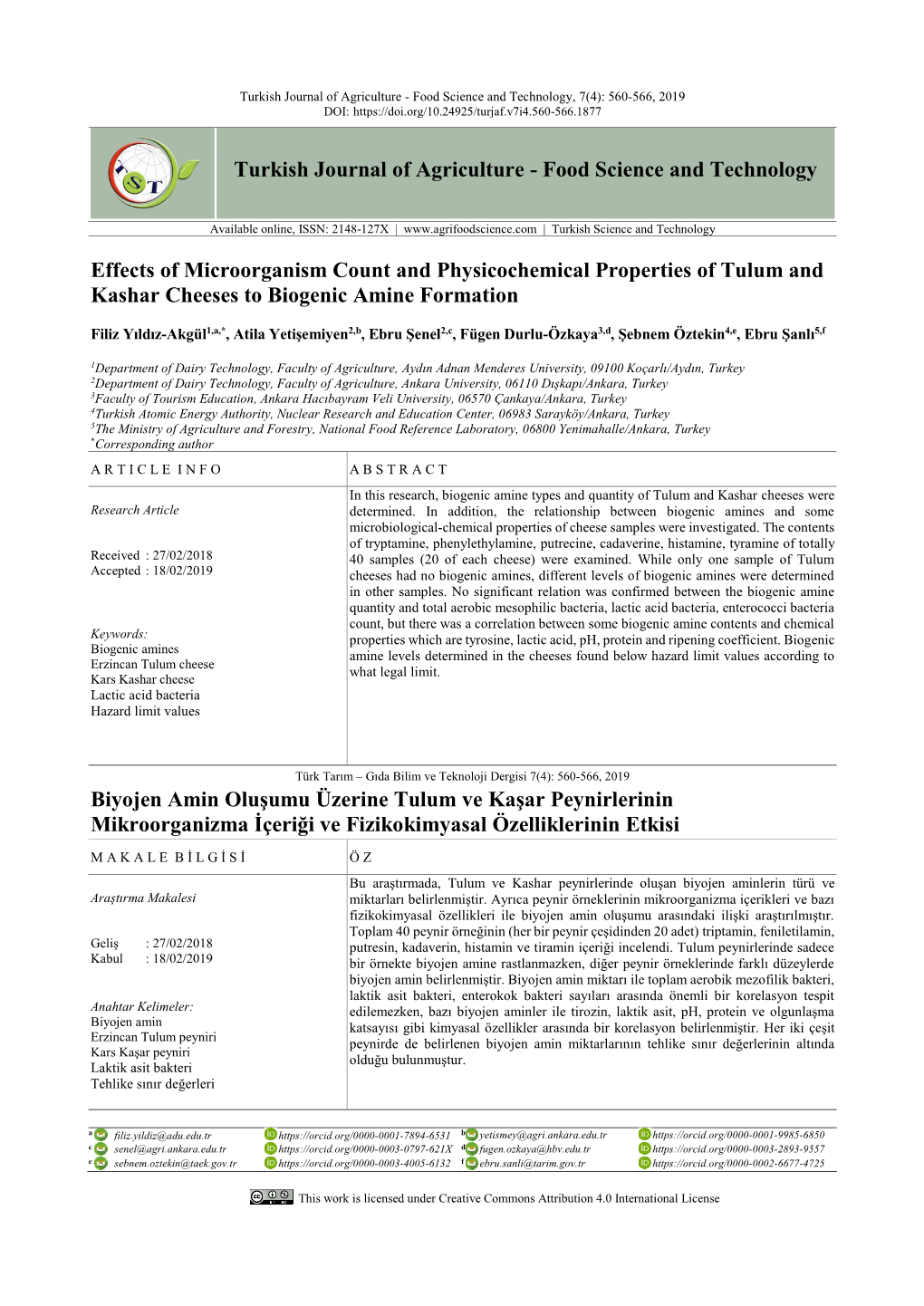 Turkish Journal of Agriculture - Food Science and Technology, 7(4): 560-566, 2019 DOI