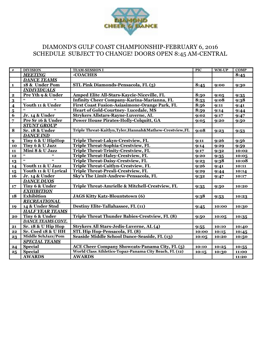 Schedule Subject to Change! Doors Open 8:45 Am-Central