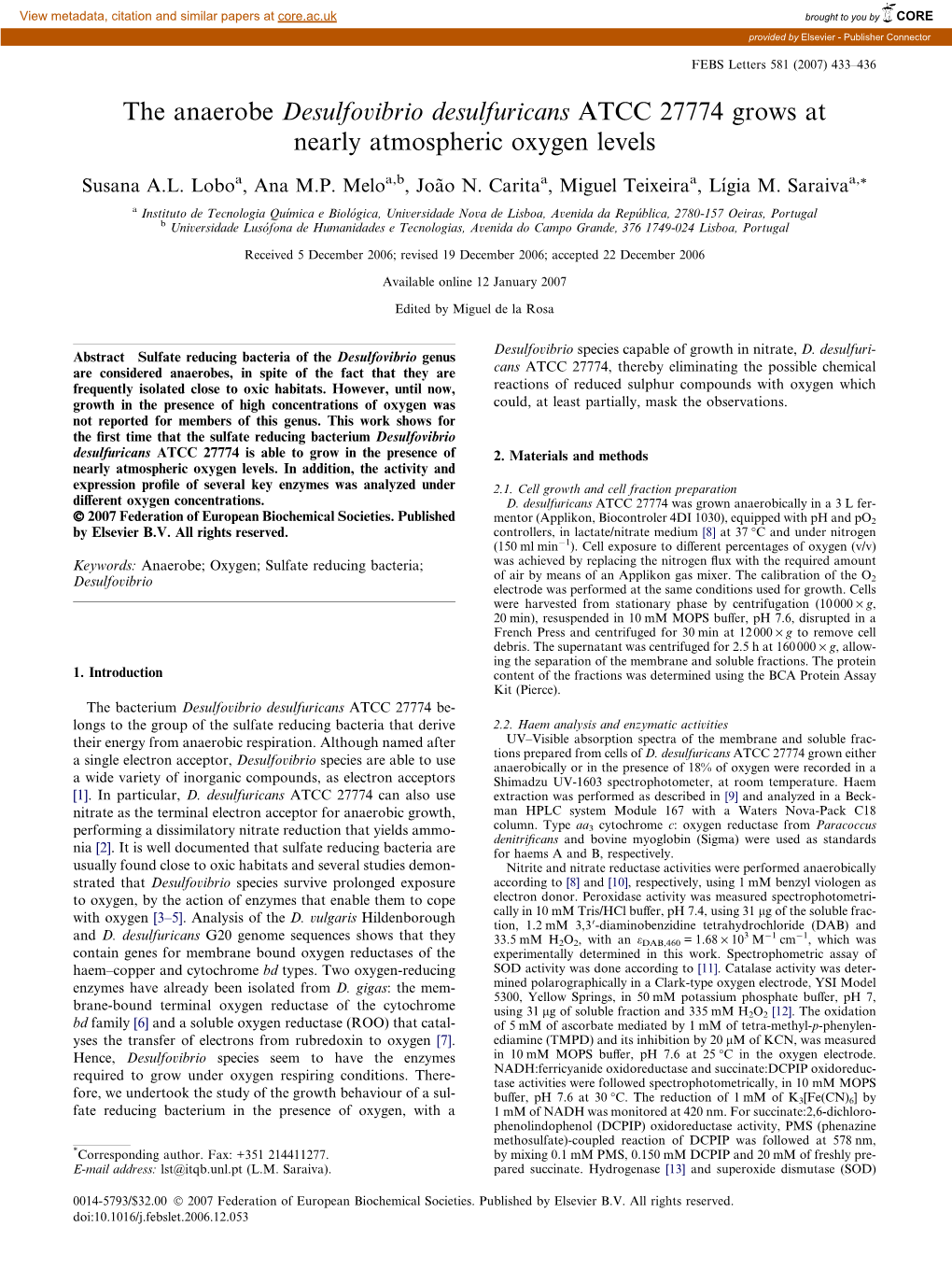 The Anaerobe Desulfovibrio Desulfuricans ATCC 27774 Grows at Nearly Atmospheric Oxygen Levels