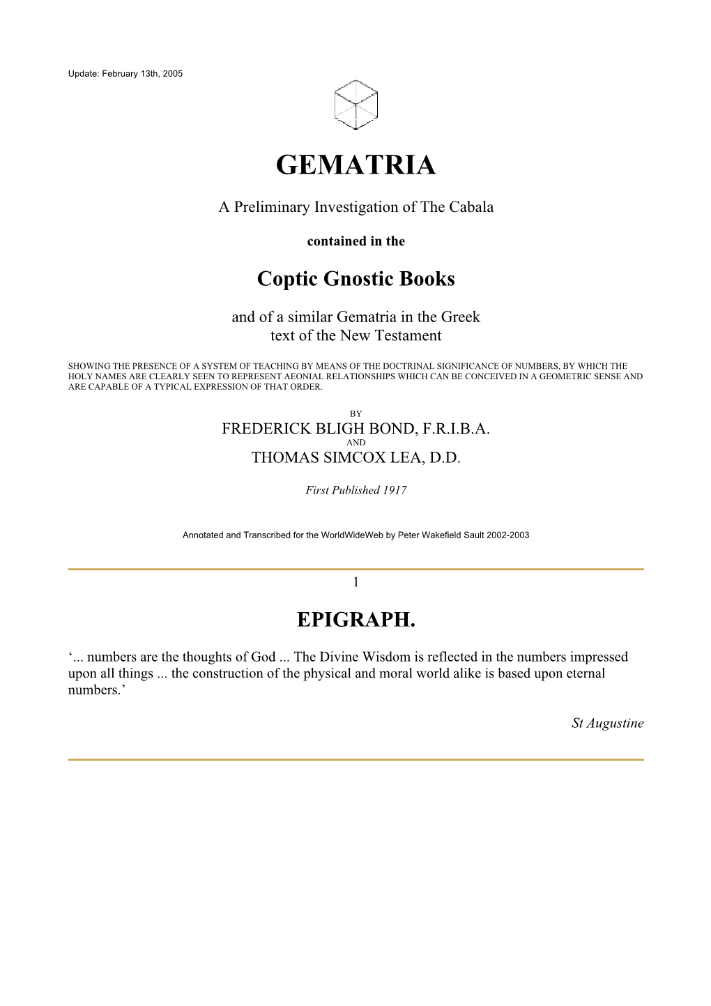 GEMATRIA: a Preliminary Investigation of the Cabala