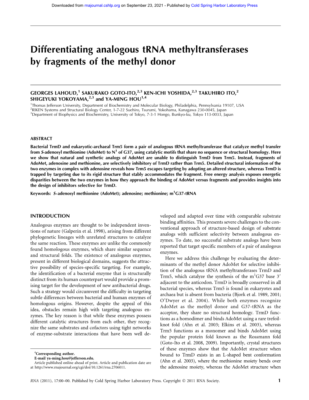 Differentiating Analogous Trna Methyltransferases by Fragments of the Methyl Donor