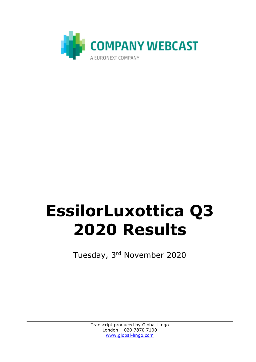 Essilorluxottica Q3 2020 Results