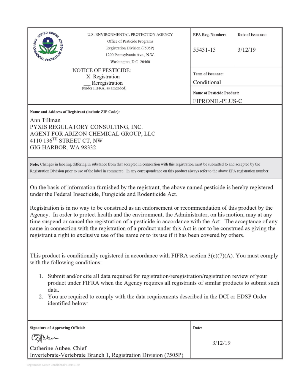 US EPA, Pesticide Product Label, Fipronil-Plus-C,03/12/2019