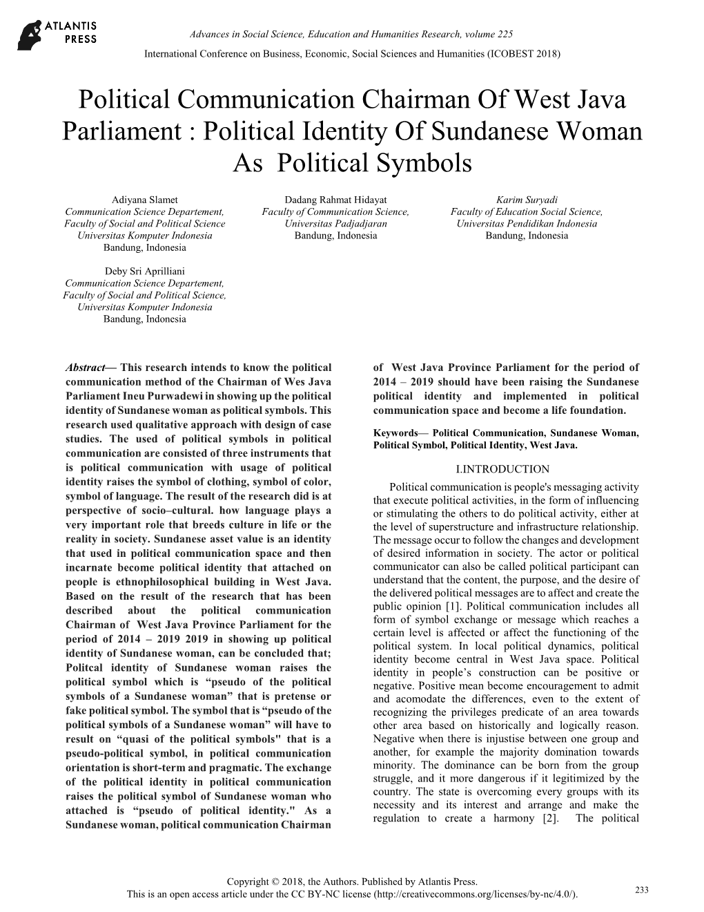 Political Communication Chairman of West Java Parliament : Political Identity of Sundanese Woman As Political Symbols