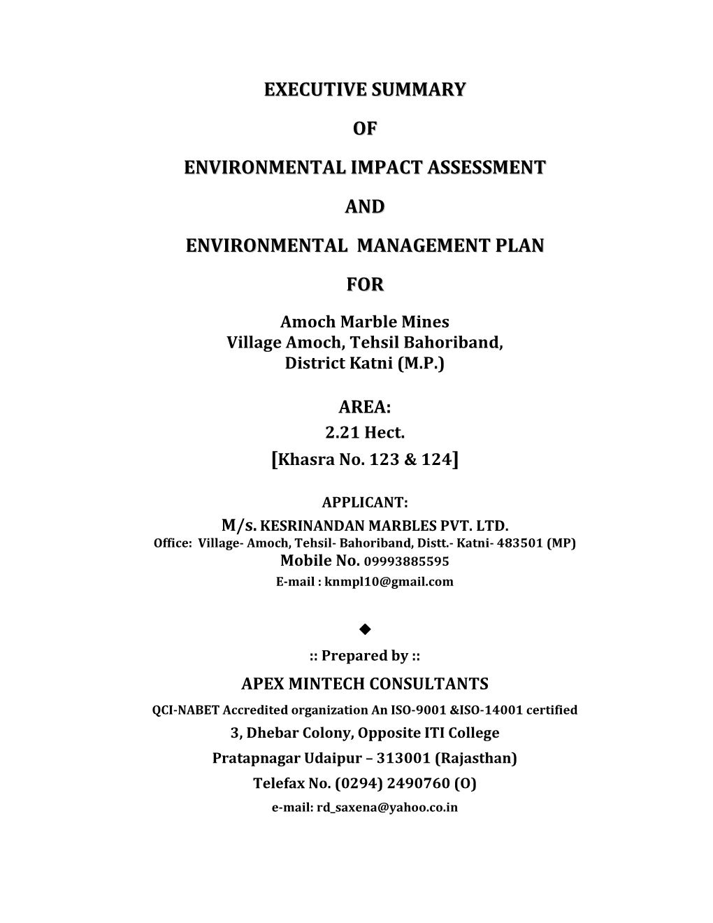 Executive Summary of Environmental Impact Assessment and Environmental Management Plan For