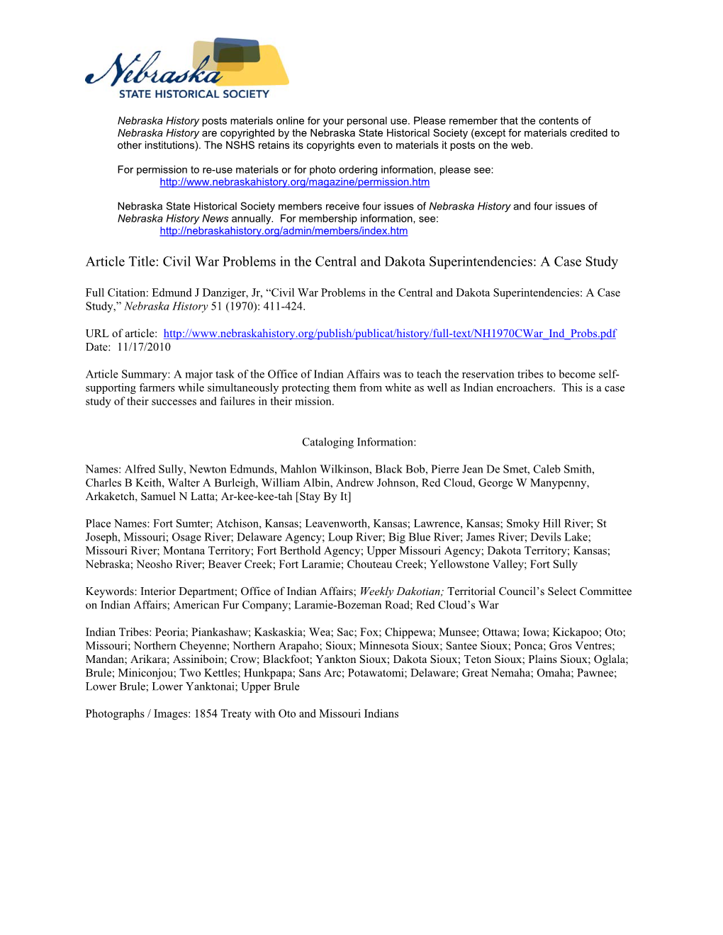 Civil War Problems in the Central and Dakota Superintendencies: a Case Study