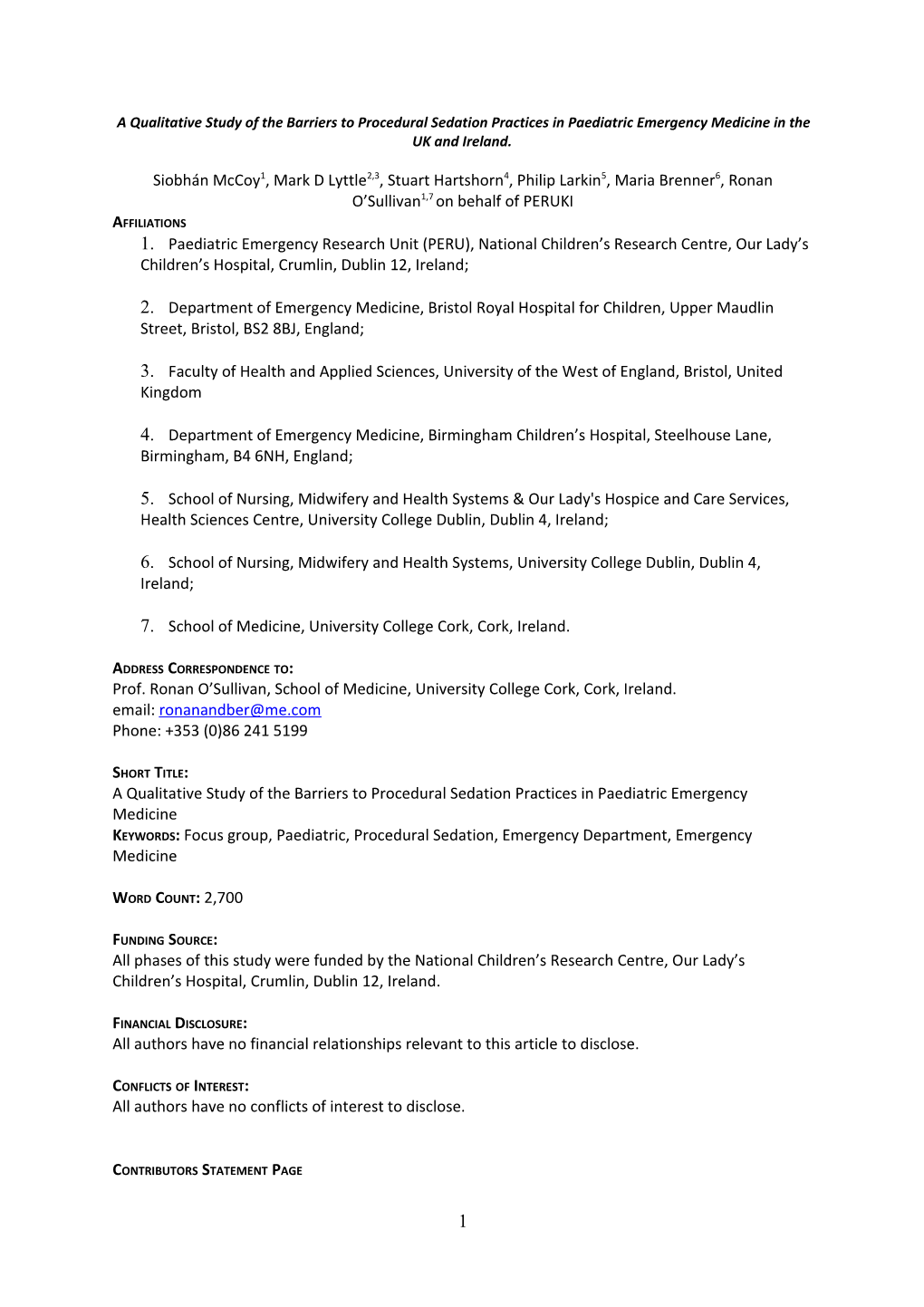 A Qualitative Study of the Barriers to Procedural Sedation Practices in Paediatric Emergency