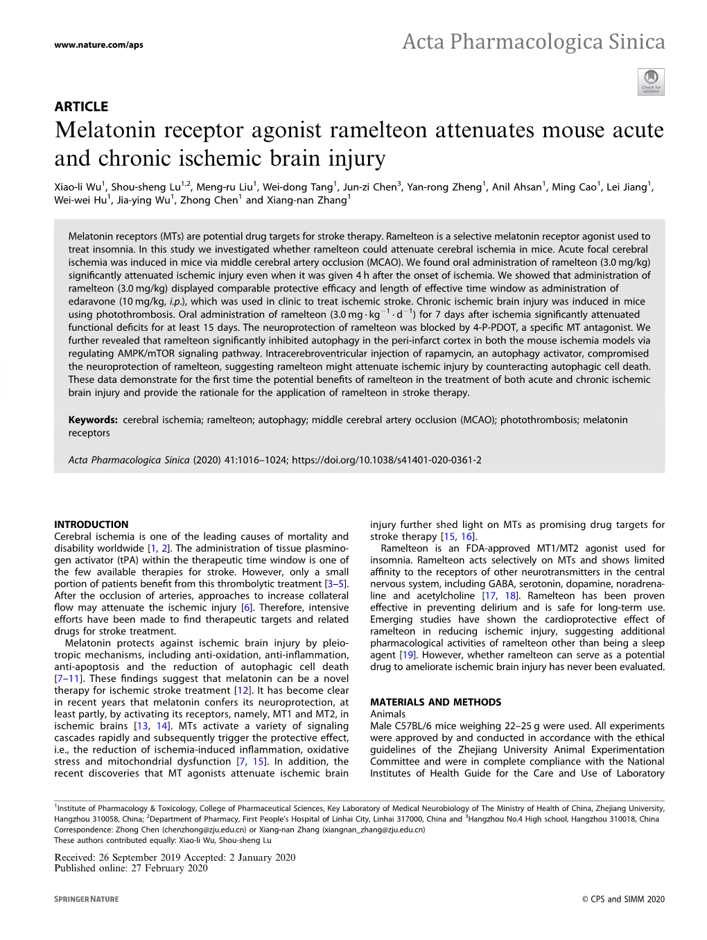 Melatonin Receptor Agonist Ramelteon Attenuates Mouse Acute and Chronic Ischemic Brain Injury