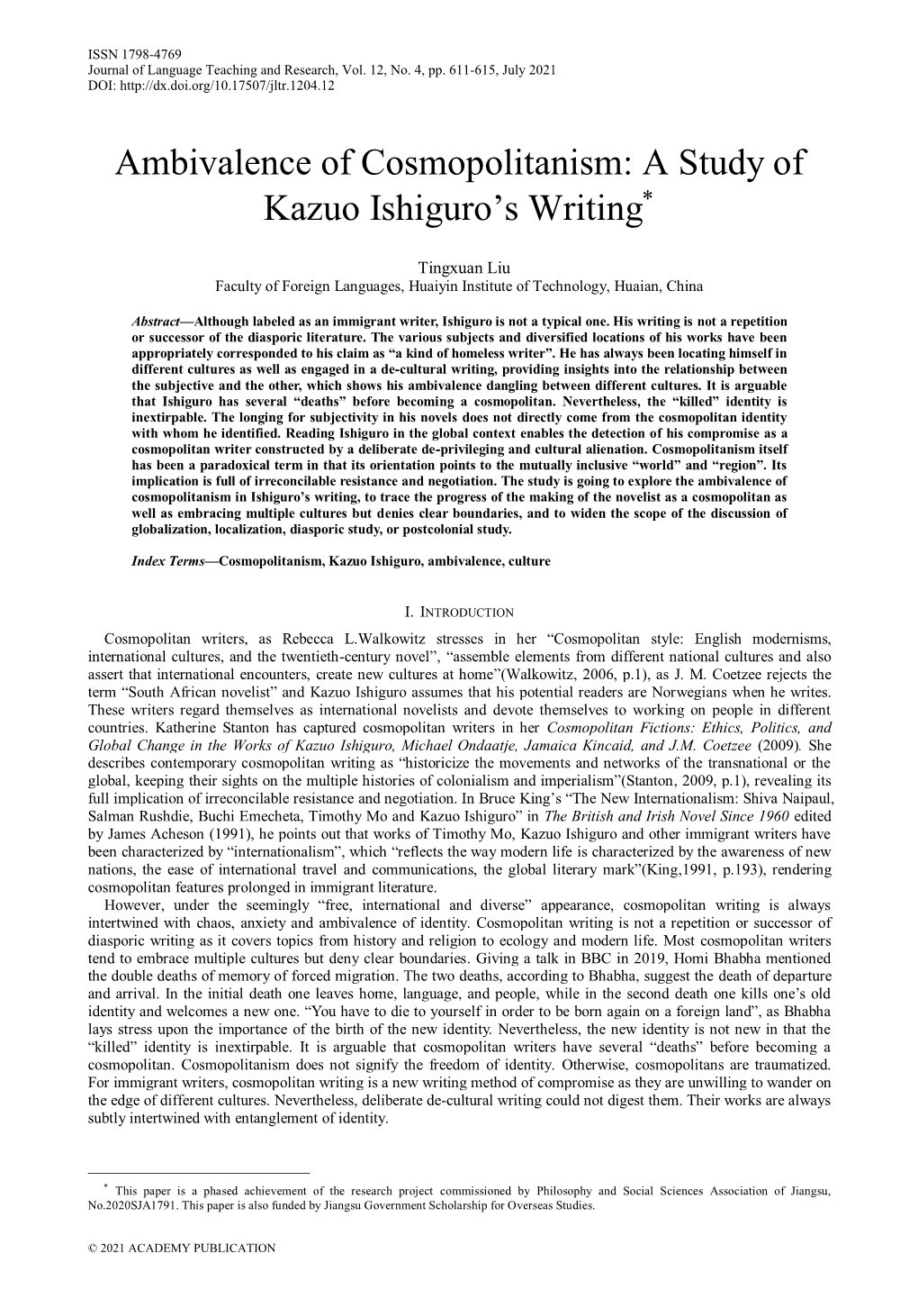 Ambivalence of Cosmopolitanism: a Study of Kazuo Ishiguro's Writing