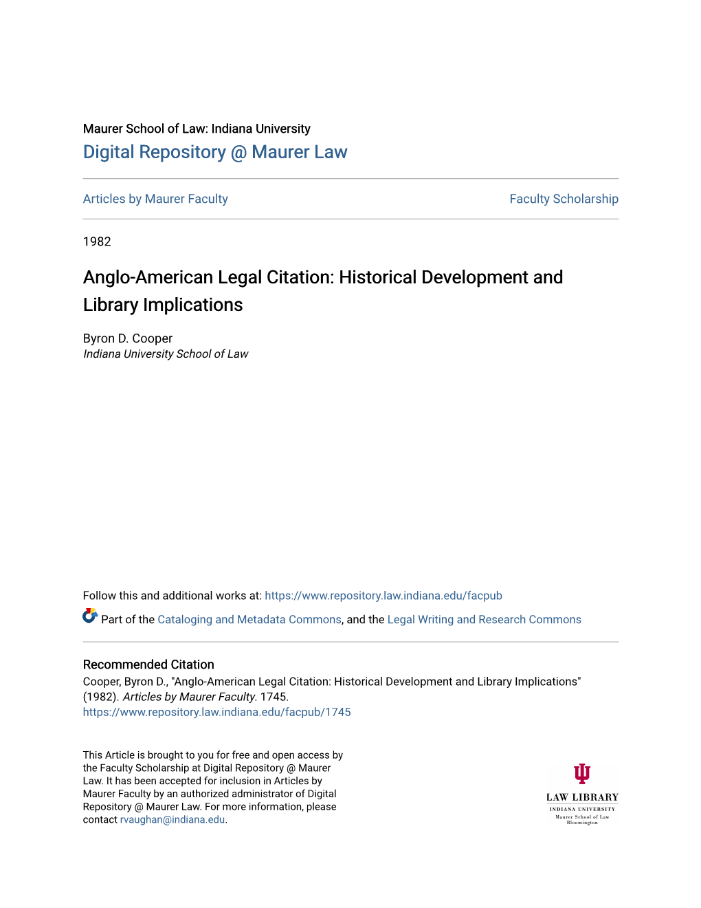 Anglo-American Legal Citation: Historical Development and Library Implications