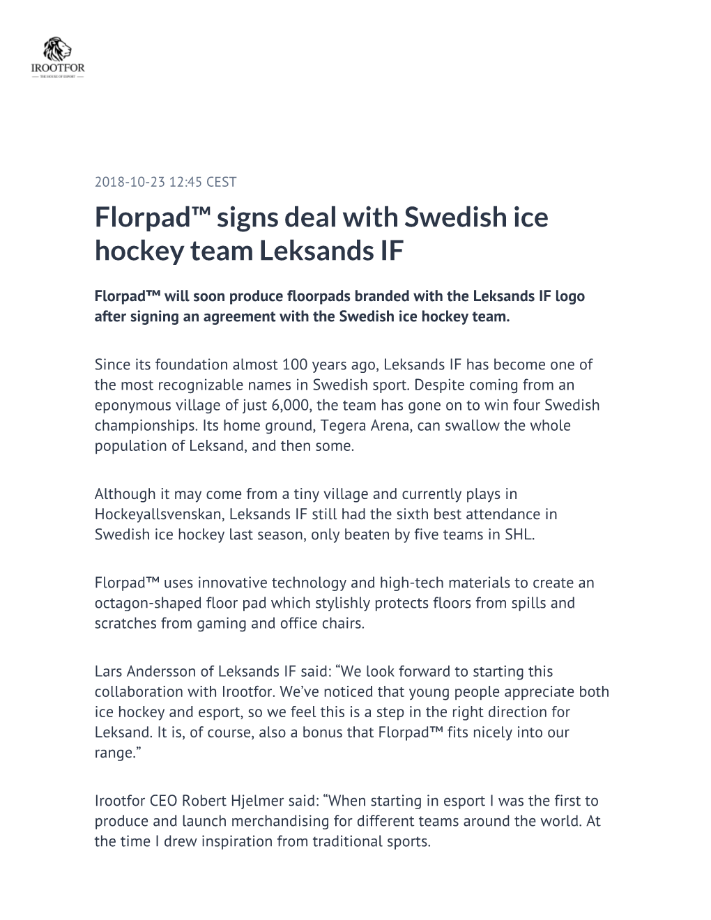 Florpad™ Signs Deal with Swedish Ice Hockey Team Leksands IF