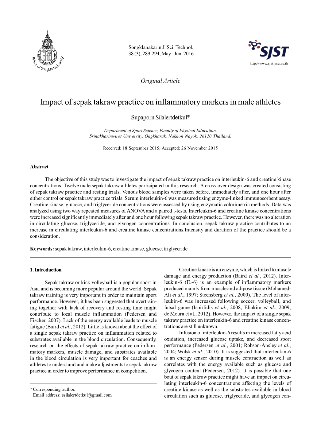 Impact of Sepak Takraw Practice on Inflammatory Markers in Male Athletes