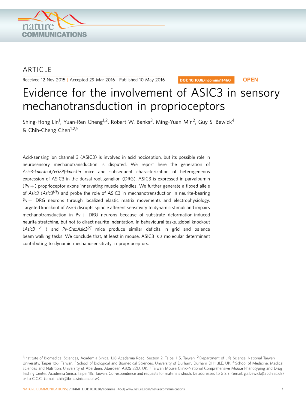 Evidence for the Involvement of ASIC3 in Sensory Mechanotransduction in Proprioceptors