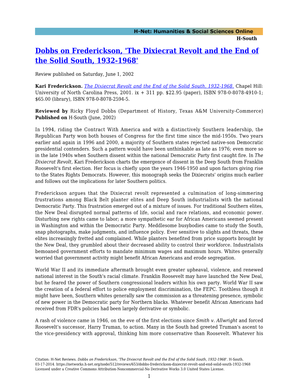 The Dixiecrat Revolt and the End of the Solid South, 1932-1968'