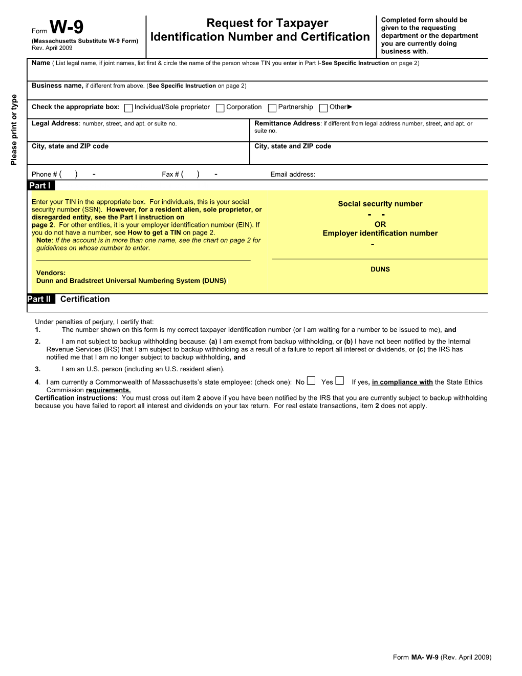 Request for Taxpayer Identification Number and Certification