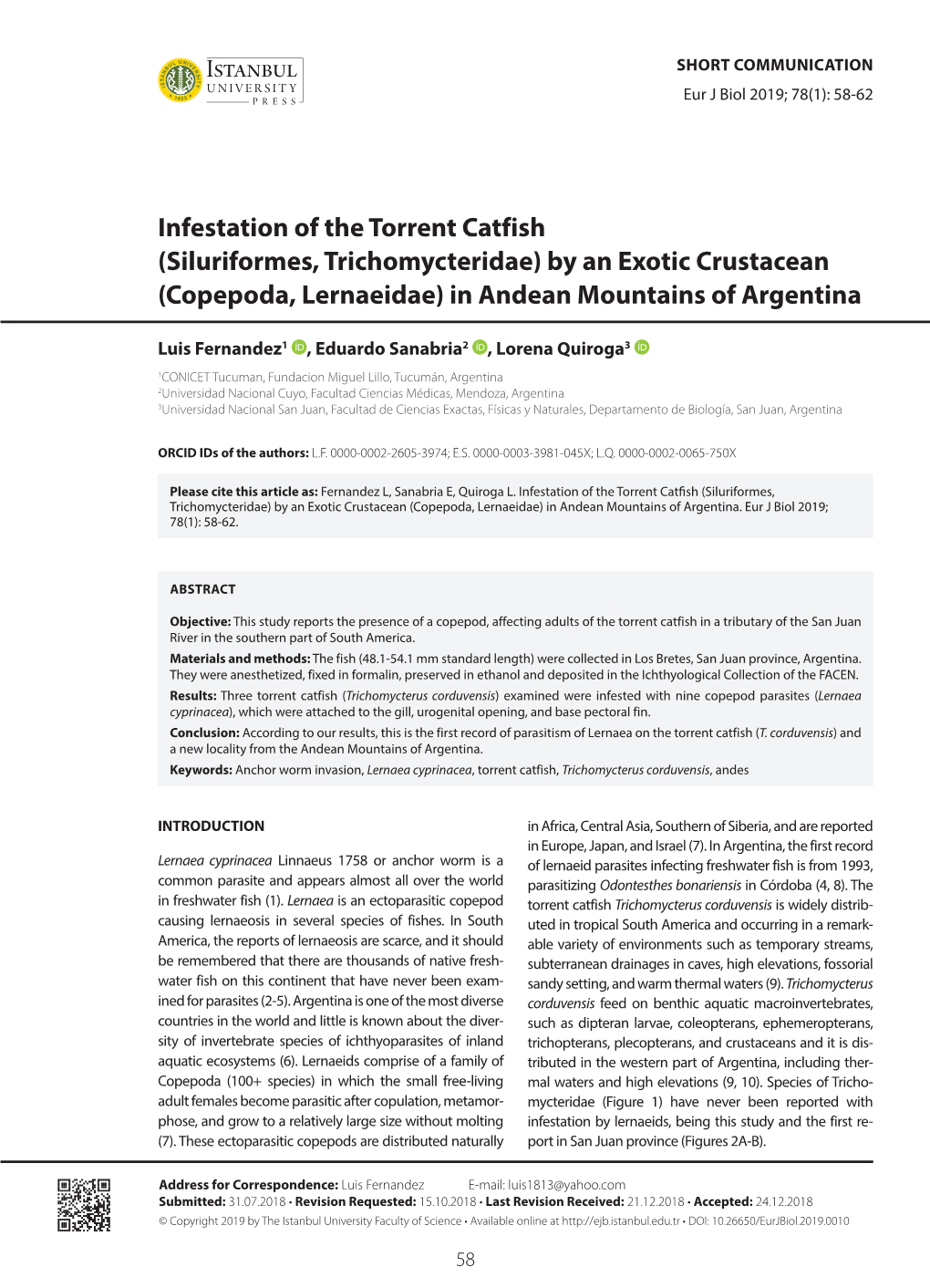 Infestation of the Torrent Catfish (Siluriformes, Trichomycteridae) by an Exotic Crustacean (Copepoda, Lernaeidae) in Andean Mountains of Argentina