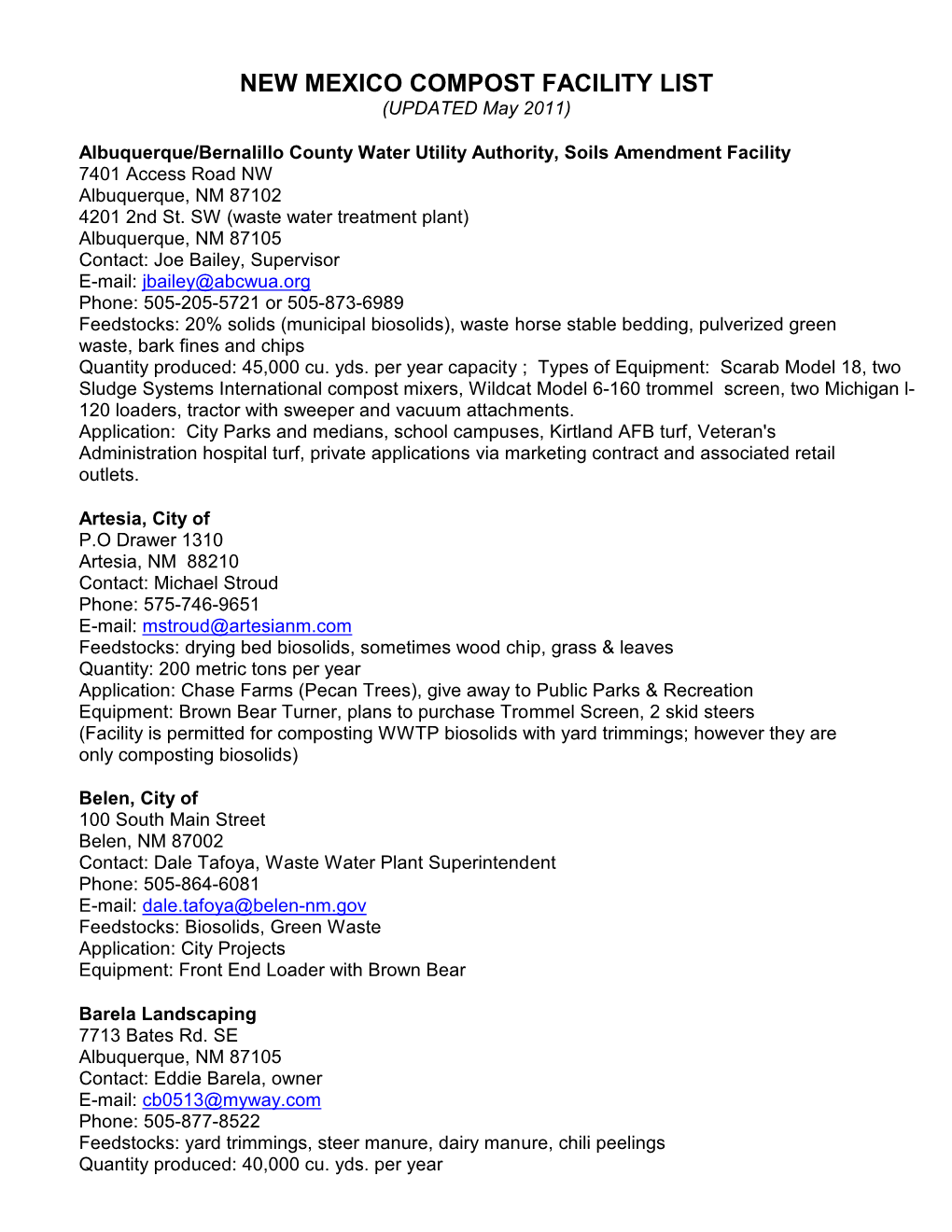 COMPOST FACILITY LIST (UPDATED May 2011)