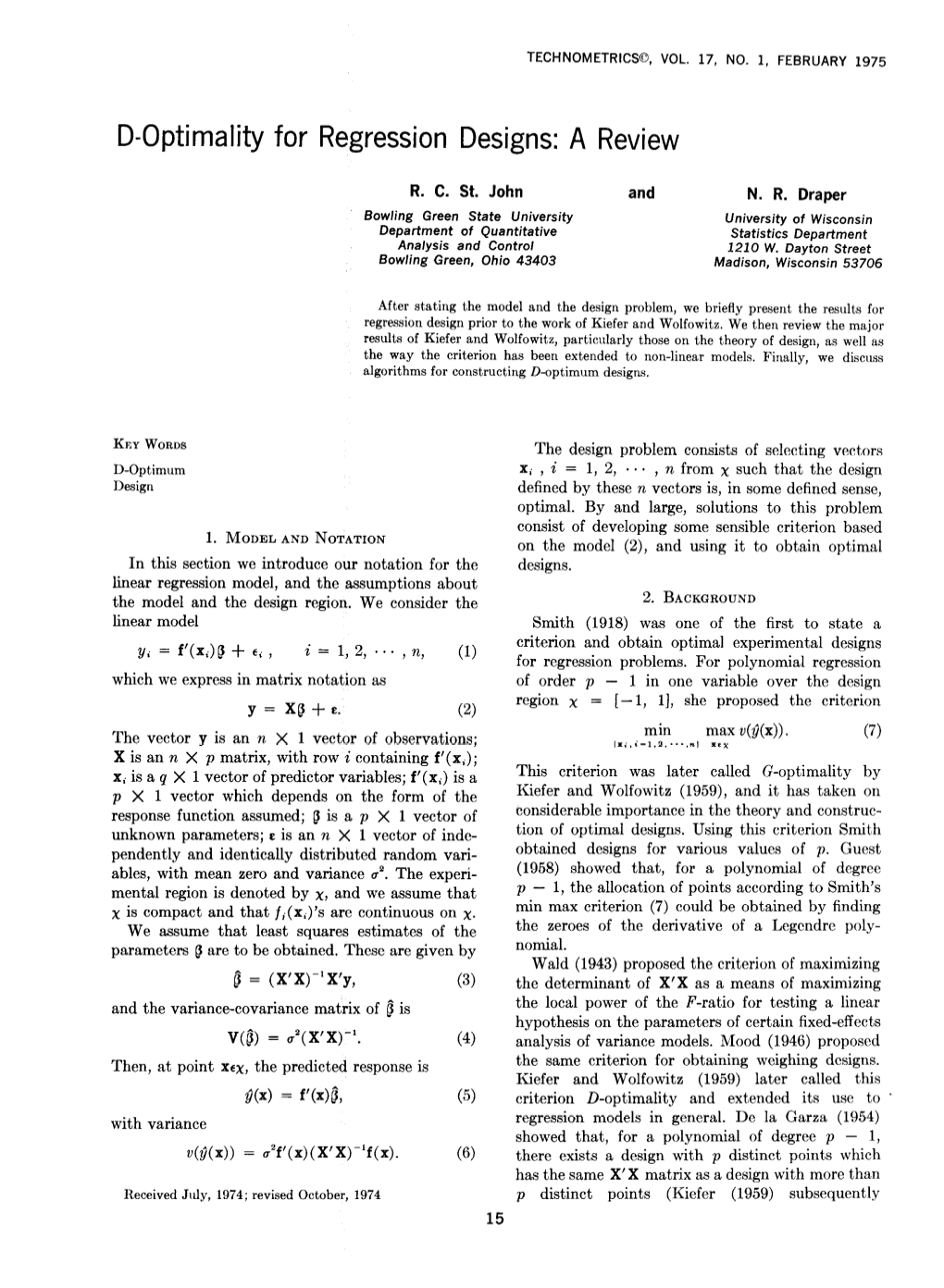 V1701015 D-Optimality for Regression Designs: a Review