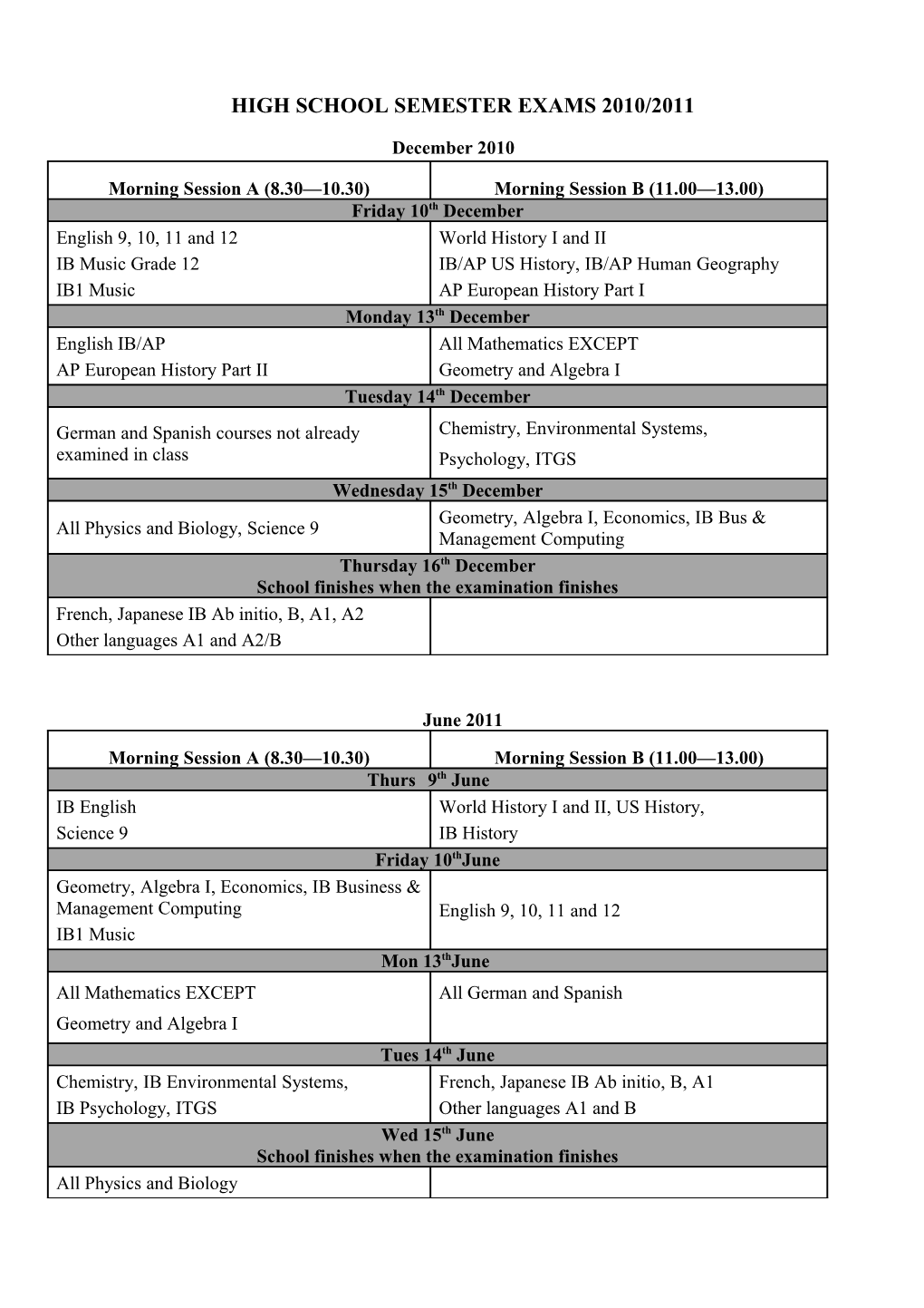 High School Semester Exams 2010/2011