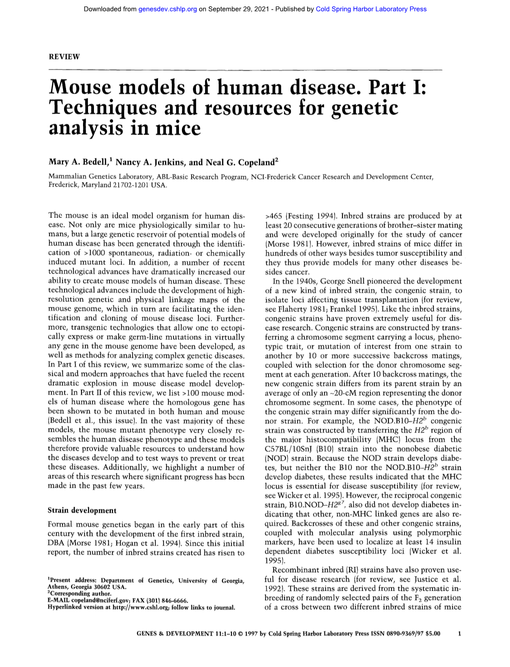 Mouse Models of Human Disease. Part I: Techniques and Resources for Genetic Analysis in Mice