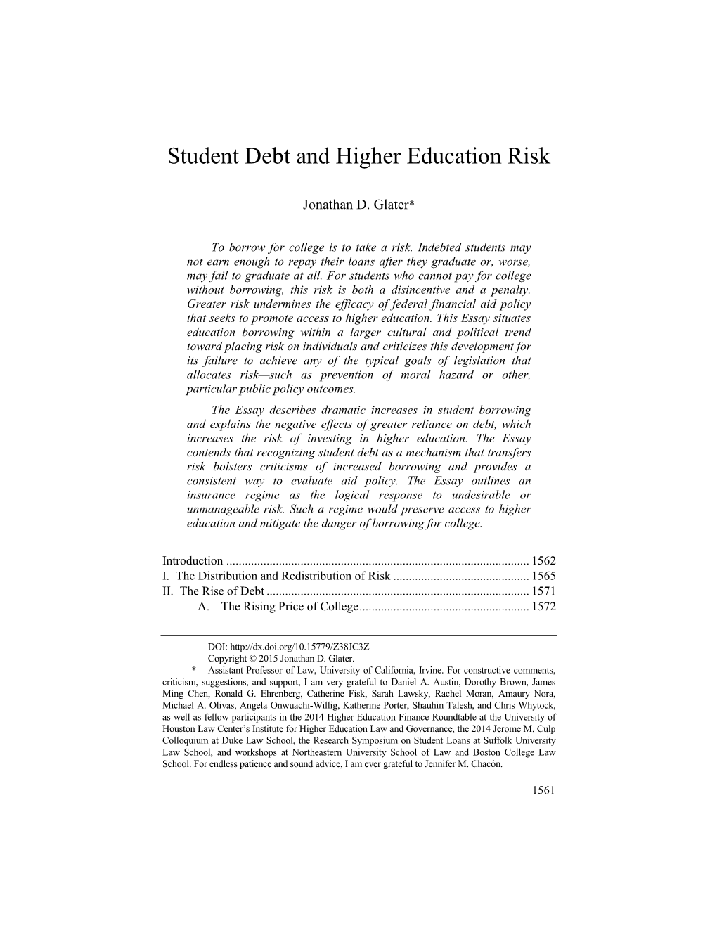 Student Debt and Higher Education Risk