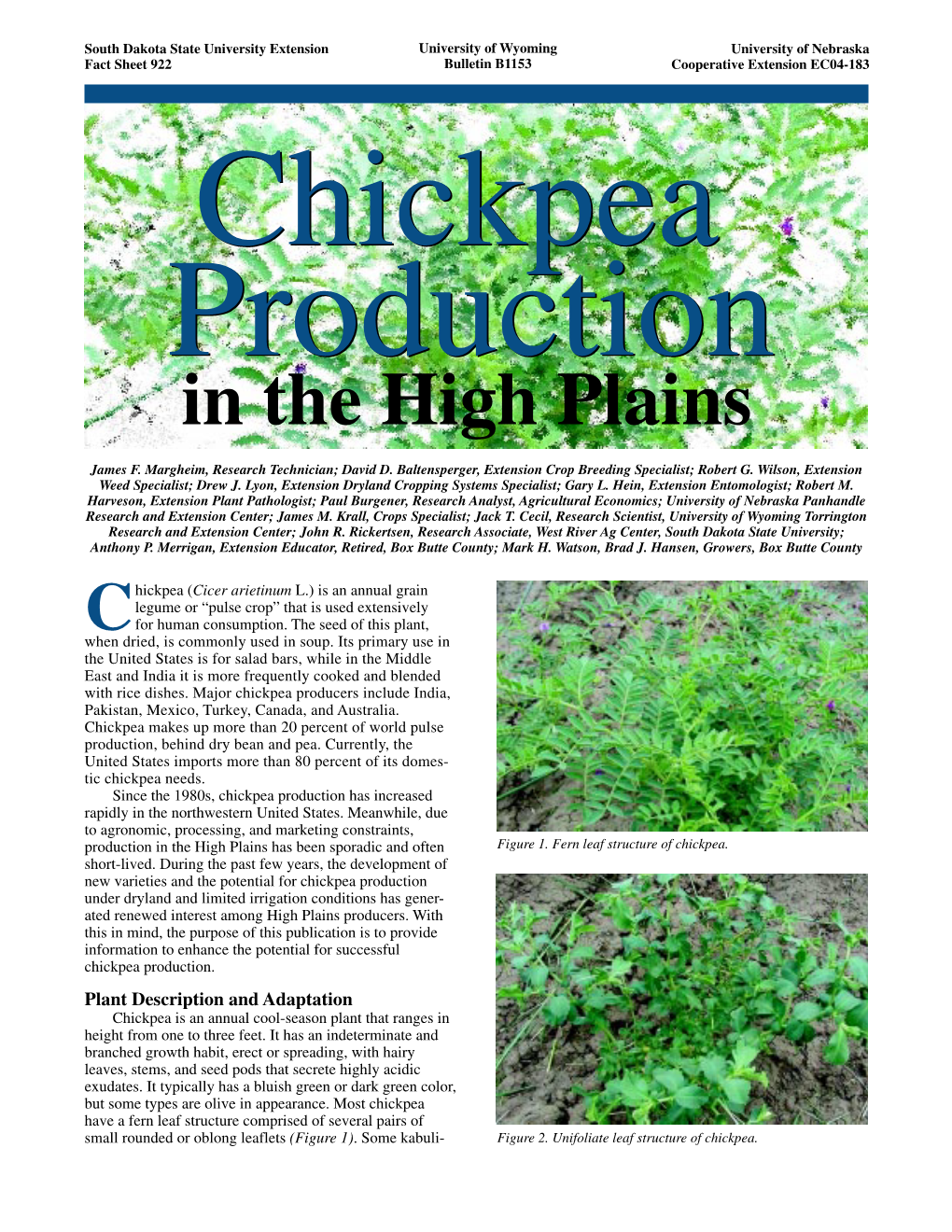 Chickpeachickpea Productionproduction in the High Plains