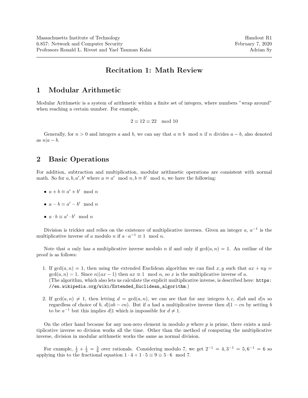 Math Review 1 Modular Arithmetic 2 Basic Operations