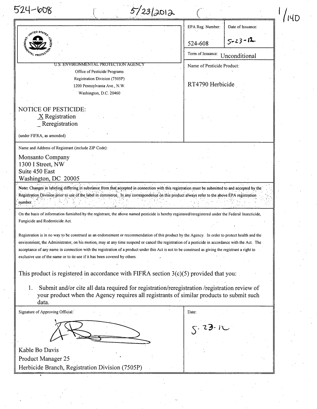 US EPA, Pesticide Product Label, RT4790 HERBICIDE, 05/23/2012