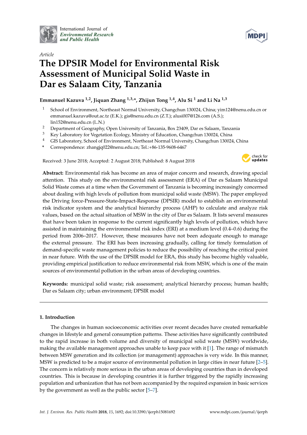 The DPSIR Model for Environmental Risk Assessment of Municipal Solid Waste in Dar Es Salaam City, Tanzania