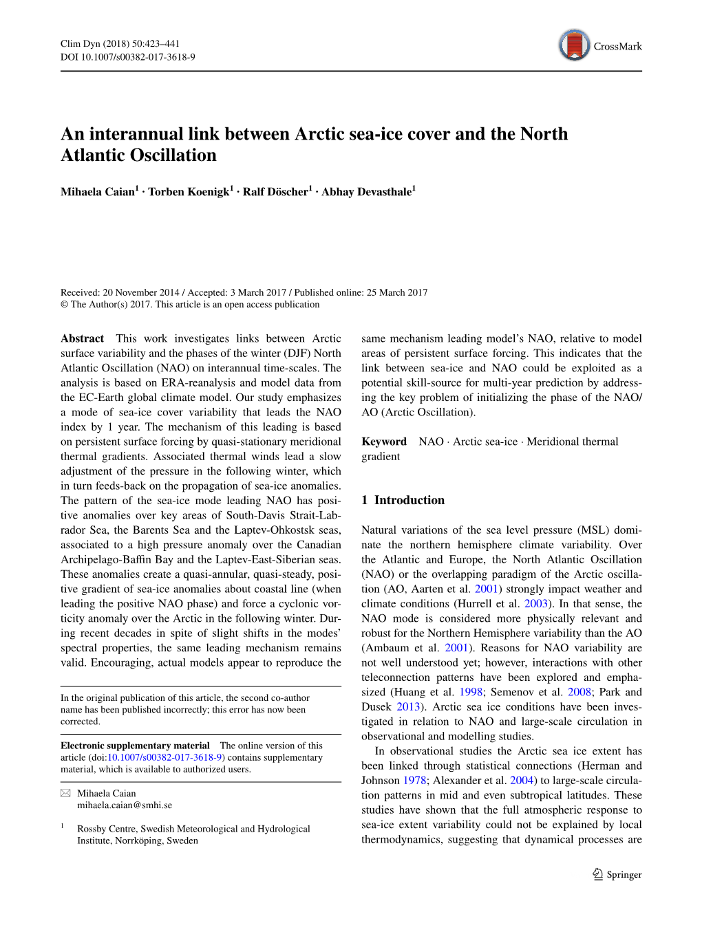 An Interannual Link Between Arctic Sea-Ice Cover and the North Atlantic Oscillation