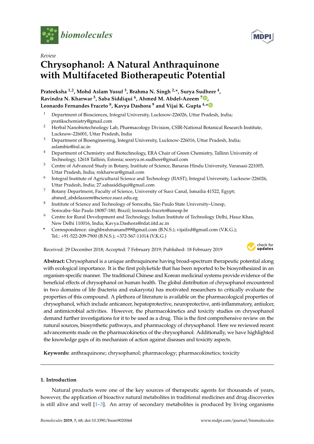 Chrysophanol: a Natural Anthraquinone with Multifaceted Biotherapeutic Potential