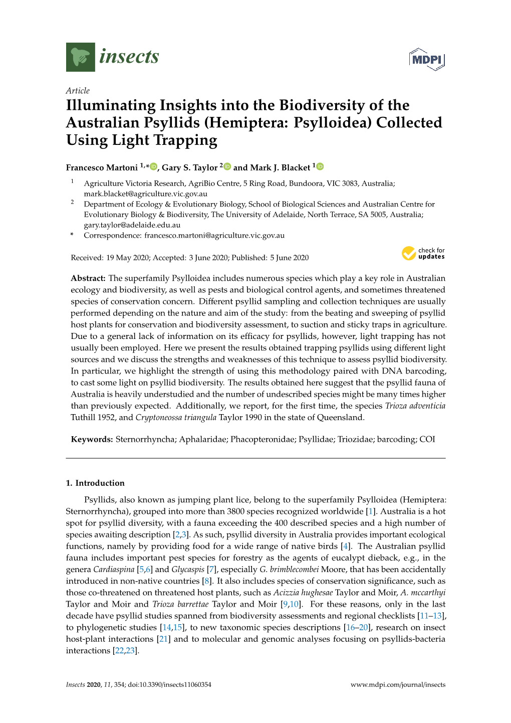 Illuminating Insights Into the Biodiversity of the Australian Psyllids (Hemiptera: Psylloidea) Collected Using Light Trapping