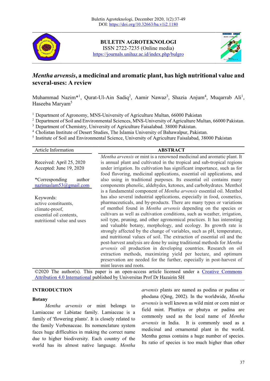 Mentha Arvensis, a Medicinal and Aromatic Plant, Has High Nutritional Value and Several-Uses: a Review